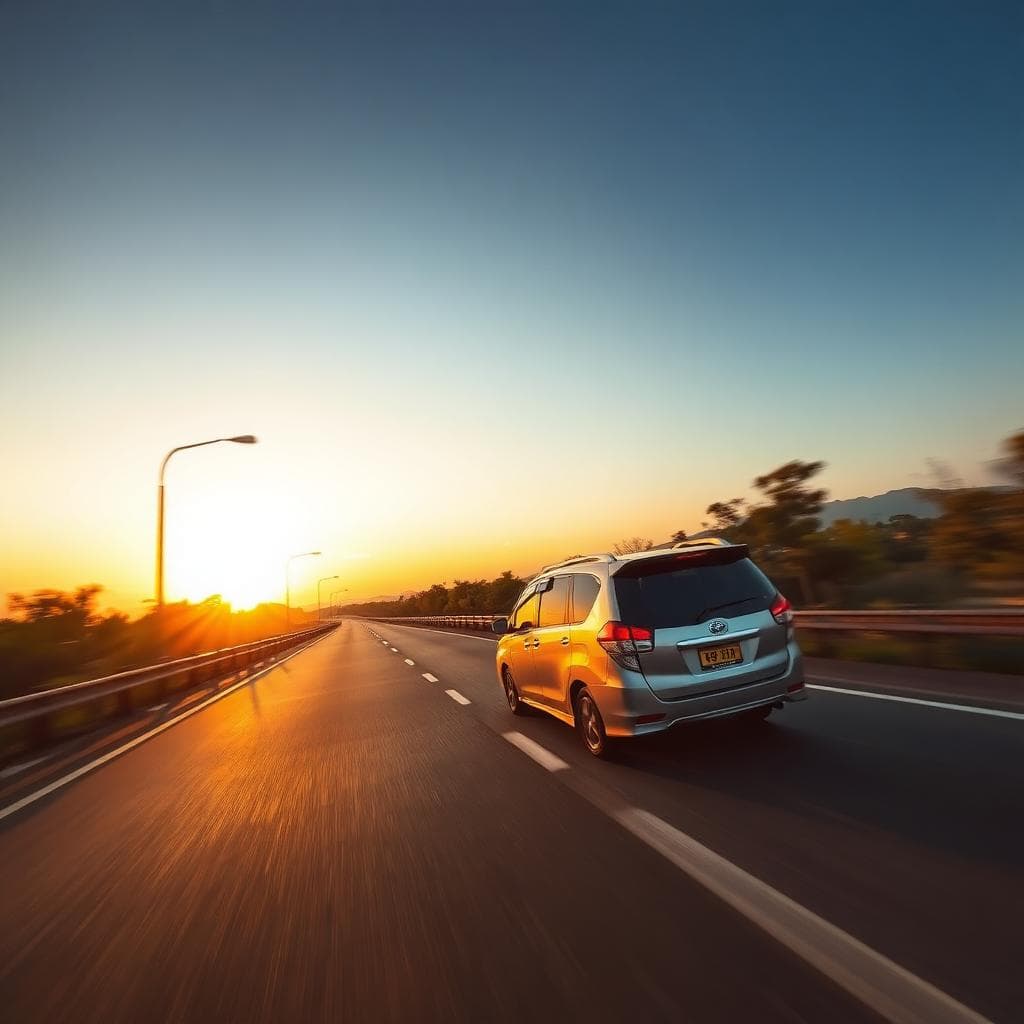 Luxury car on Indian highway at sunset