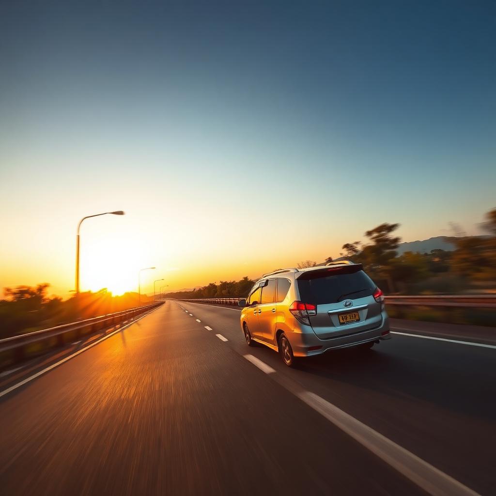 Luxury SUV driving on scenic mountain highway at sunset